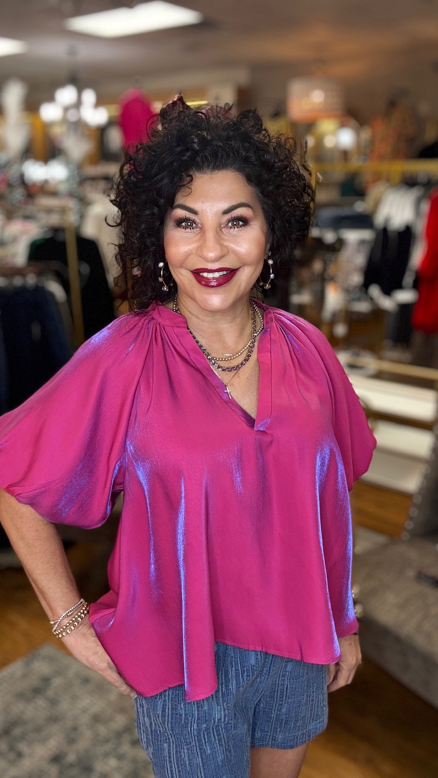 V-Neck Band Bubble Sleeve High Low Blouse