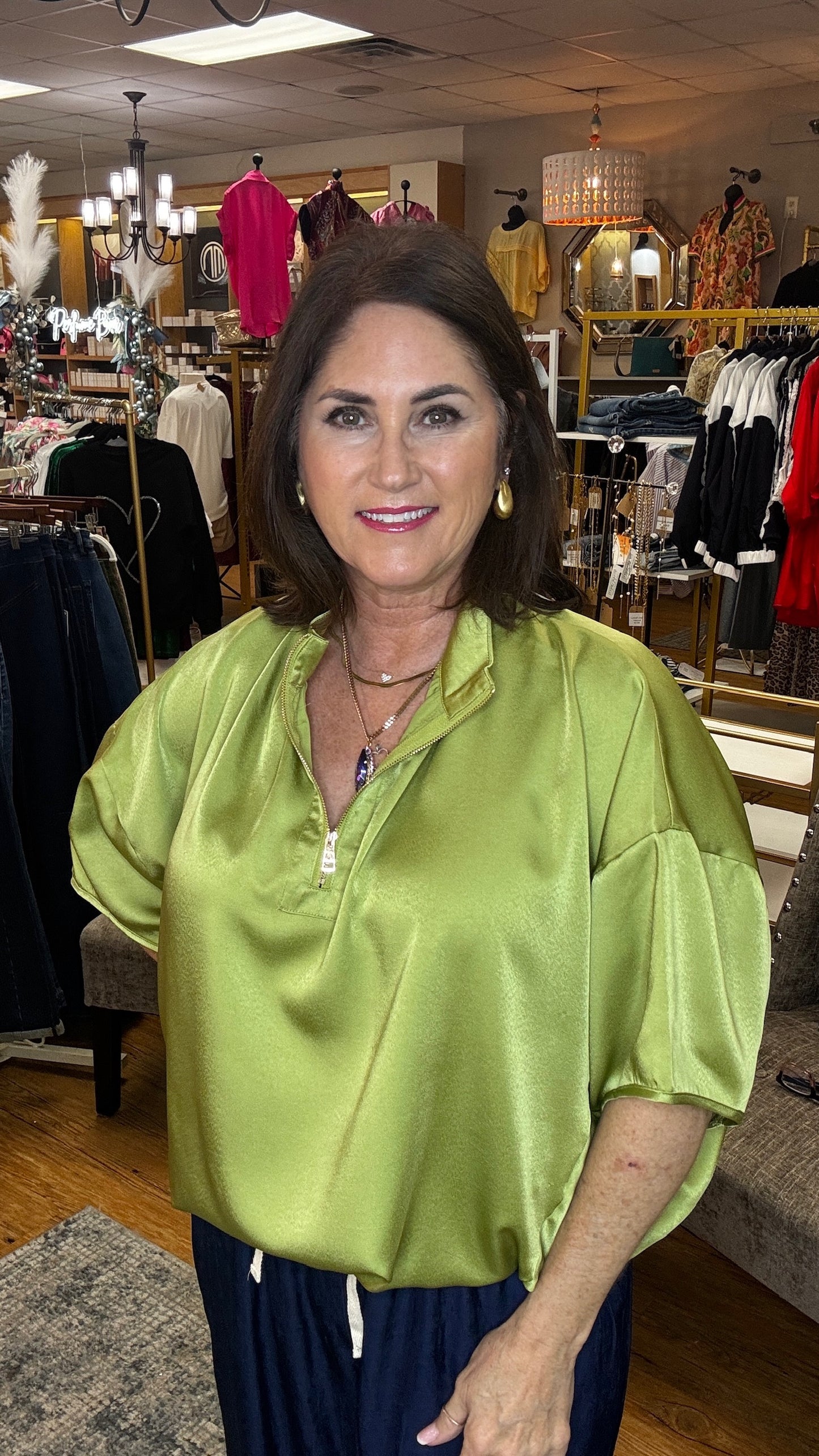 Elbow Sleeve Half Zip Satin Top