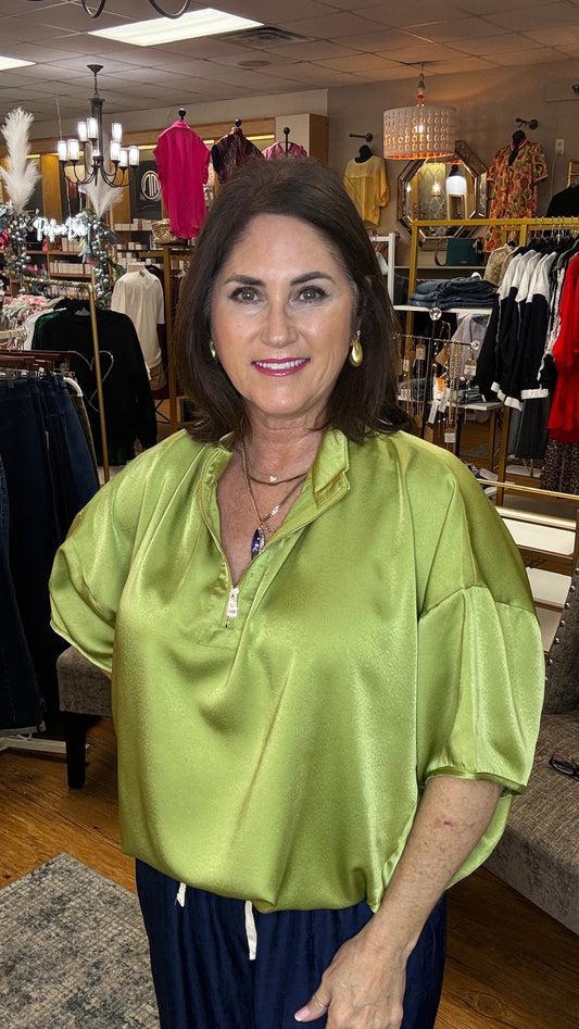 Elbow Sleeve Half Zip Satin Top