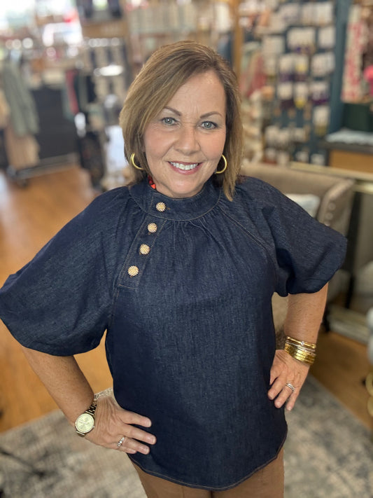 Puff Sleeve Denim Top w/ Button Details