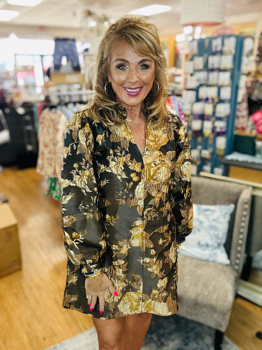 Jaccard Dress w/ V-neck Long-sleeved