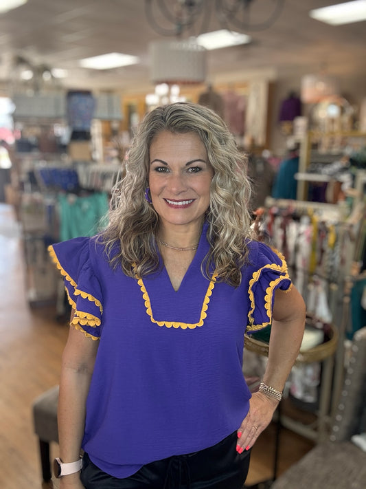 Game Day Ruffle Sleeve Scalloped Trim Top