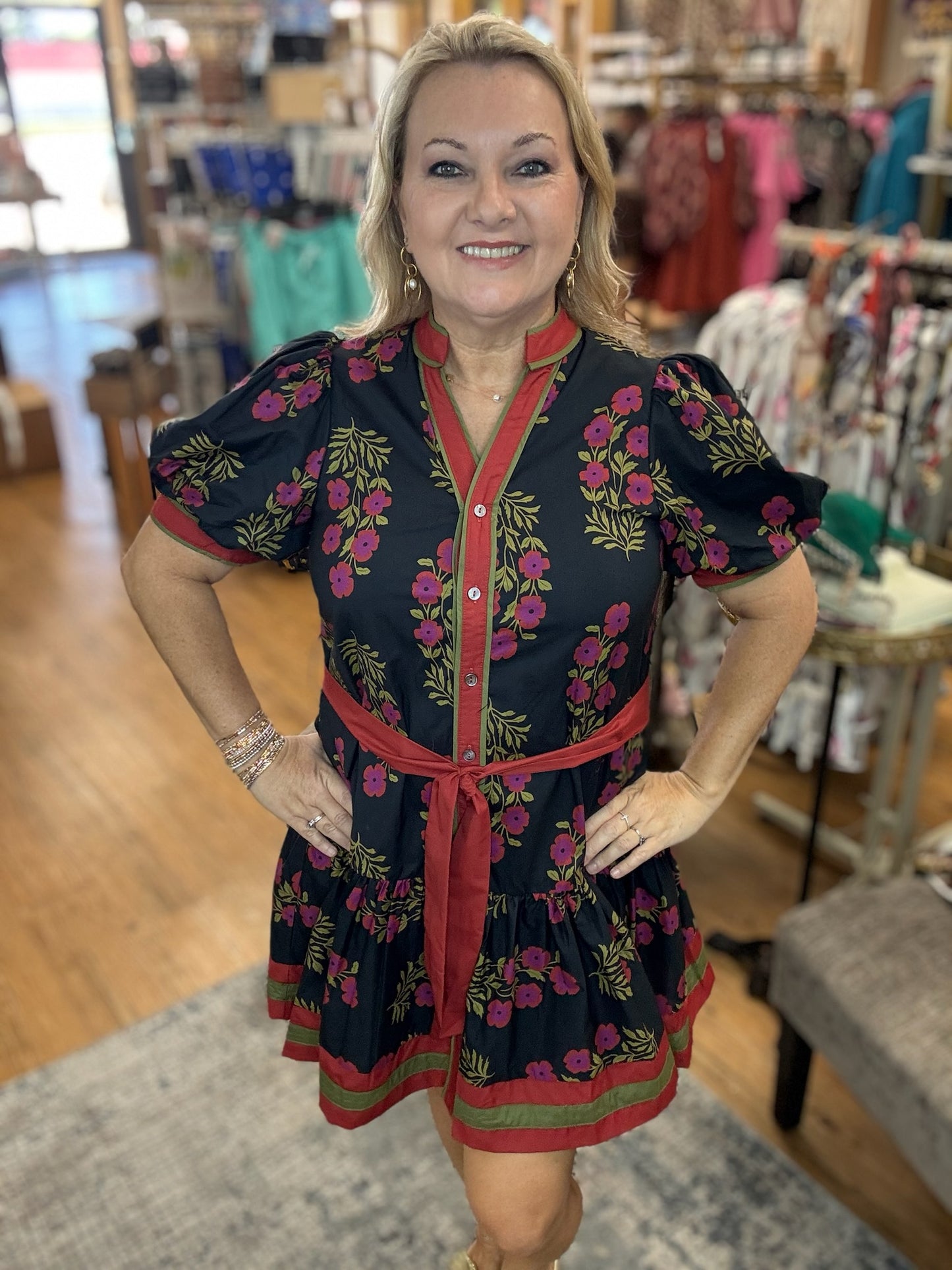 Floral pattern short puff sleeve ruffle hem mini dress featuring multicolor accent band detail