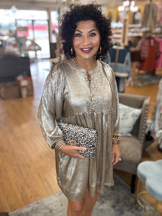 Metalic Quarter Button Dress w/Pockets