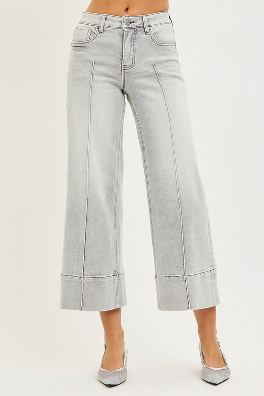 Tummy Control Mid Rise Crop Wide Pintuck Front Jeans