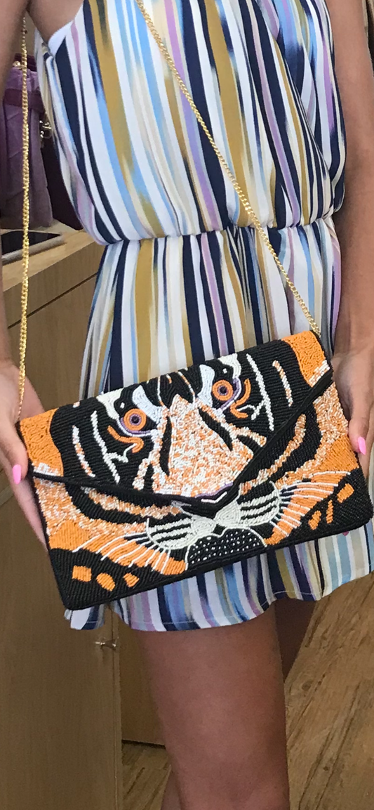 Seed Bead Tiger purse with Gold chain strap