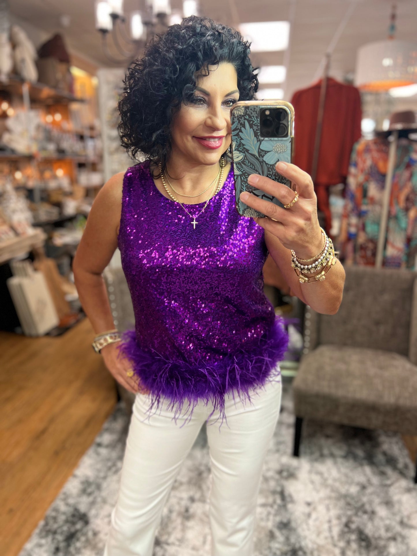 Purple sequin and feather topp